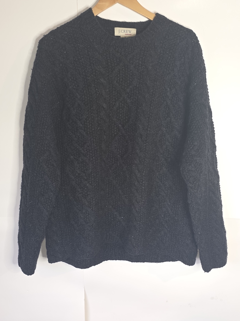 J.Crew M Black Shetland Wool Cable Knit Crew Neck Pullover Sweater